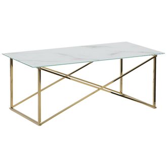 Beliani Mesa De Centro Rectangular Tablero De Vidrio Templado Con Efecto M&aacute;rmol Blanco Patas Doradas Base De Acero Inoxidable 100 X 50 Cm Glam Emporia