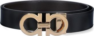 Ferragamo Reversible Black Leather Belt with Gold-tone Gancini Buckle