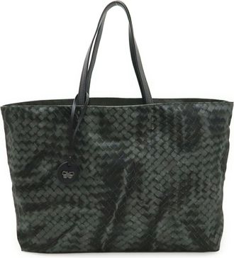 Bottega Veneta Gray Nylon Leather Shoulder Bag Tote Bag (Pre-Owned)