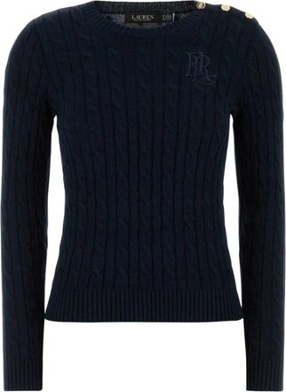 Ralph Lauren Trui met knoopdetail en kabelssteek - Dames - Ronde hals truien - Blauw - XS - Katoen - Truien & Vesten