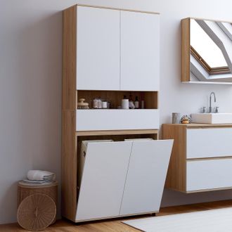 IDMarket Mueble De Ba&ntilde;o Tomi 4 Puertas 2 Cestos Extra&iacute;bles 1 Caj&oacute;n Acabado Haya Y Blanco