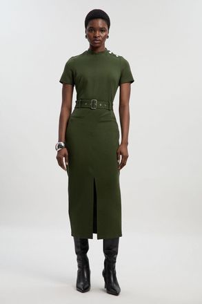 Karen Millen Womens Belted Ponte Midi Dress - Green Viscose - Size X-Small