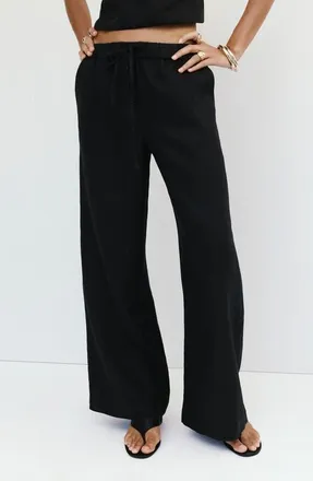 Mango Pull-On Wide Leg Linen Pants in Black at Nordstrom, Size Xx-Large