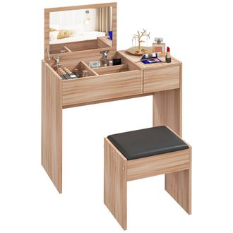 OEM Tocador De Maquillaje Con Taburete Mesa De Maquillaje Con Espejo Tapa Abatible Y Cajas 80x40x79 Cm Y 40x30x40 Cm