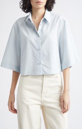 Helmut Lang Stripe Button-Up Cotton Blend Crop Top in Light Blue Multi at Nordstrom, Size X-Small