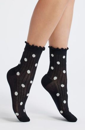 Casa Clara Love Claire Polka Dot Lettuce Edge Ankle Socks in Black at Nordstrom