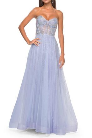 La Femme Rhinestone Embellished A-line Tulle Gown with Corset Top in Light Periwinkle at Nordstrom, Size 12