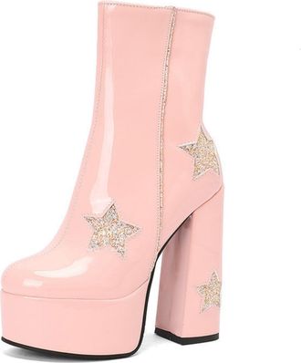 Generic Womens Sweet Platform Chunky Heel Ankle Boots Shiny Dress Booties with Side Zipper,Pink,6.5 UK