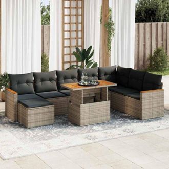 vidaXL Set Sof&aacute;s Jard&iacute;n Y Cojines 9 Pzas Rat&aacute;n Sint&eacute;tico Acacia Gris