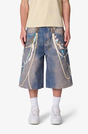 mnml Ultra Baggy Chain Printed Denim Shorts in Light Blue at Nordstrom, Size 34
