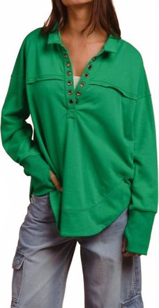 Bibi Half Neck Thumbhole Cuff Pullover Top In Kelly Green