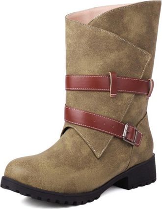 Generic Womens Mid-Calf Boots Buckle Strap Distressed Faux Leather Round Toe Low Block Heel Lug Sole Reinforced Stitching Durable Design,Green,5.5 UK