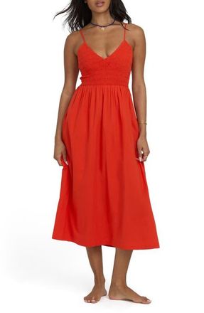 Billabong Such a Trip Smocked Bodice Cotton Midi Dress in Red Aloha at Nordstrom, Size X-Large