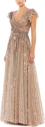 Mac Duggal Sequined Wrap Over Ruffled Cap Sleeve Gown