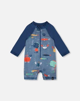 Deux par Deux One-Piece Long Sleeve Printed Marine Animals Rashguard in Blue Printed Marine Animals at Nordstrom, Size 12-18M