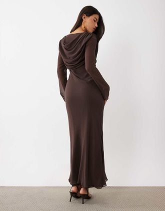 Daska vestito lungo in rete con dettaglio scollo ad anello davanti e dietro color cioccolato-Blu
