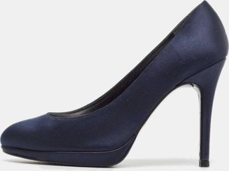 Stuart Weitzman Navy Blue Satin Round Toe Platform Pumps