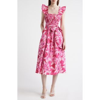 Anne Klein Smocked Ruffle Midi Dress in Vibrant Pink Multi at Nordstrom, Size Xx-Small