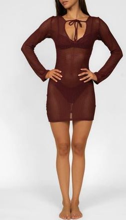 Montce Swim Sophia Long-Sleeve Cover-Up Minidress in Maroon Crochet at Nordstrom Rack, Size X-Large