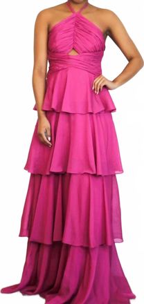 Maniju Gabriela High Neck Tiered Ruffle Shimmer Maxi Dress In Magenta