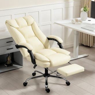 STILVORA Silla De Oficina Ergon&oacute;mica En Polipiel Beige, Reclinable 155&deg;, Con Reposapi&eacute;s