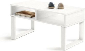 HOGAR 24 Hogar24 - Mesa De Centro Dise&ntilde;o Vintage, Madera Maciza Natural Con Dos Compartimentos, Pata Cuadrada, Color Blanco. Fabricaci&oacute;n Artesanal. 100 Cm X 50