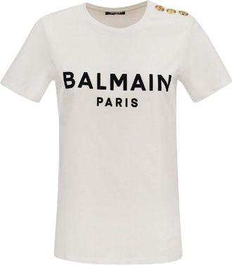 Balmain Flock Button Embellished Cotton T Shirt, Size Large