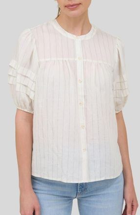 ZOE AND CLAIRE Stripe Puff Sleeve Button-Up Shirt in Oatmeal at Nordstrom, Size Large