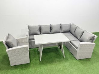 Fimous 7 Seater Garden Outdoor Rattan Furniture Set Dining Table & Armchair in Light Grey