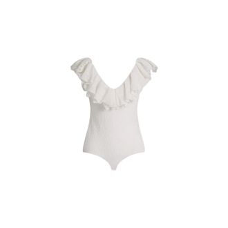 Alberta Ferretti Alberta Ferretti, Body, female, White, Size: 2XS Wool Lace Bodysuit with Frilled Sleeves