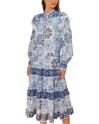 Farm Rio Farm Rio Off-White Stitched Flowers And Girls Long Sleeve Midi Dress