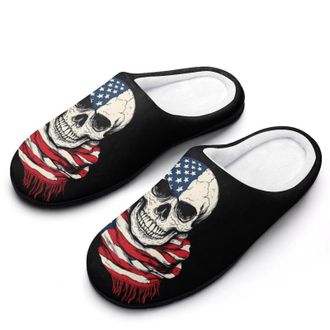 Generic USA Flag Skull Scarf Womens Slippers Warm House Slippers Indoor House Shoes with Anti-Skid Rubber Sole