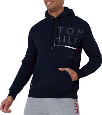 Tommy Hilfiger Mens Fleece Hoodie Wraparound Logo Pullover Hooded Crew Neck Top - Navy Cotton - Size X-Large