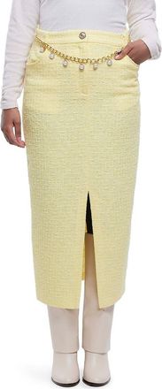 River Island Imitation Pearl Belt Cotton Blend Boucl&eacute; Pencil Skirt in Yellow at Nordstrom, Size 14
