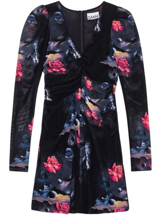 Ganni graphic-print gathered minidress - women - Spandex/Elastane/Recycled Nylon - 38 - Black