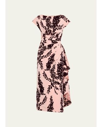 Lela Rose Flocked Taffeta Pleated Drape Midi Dress