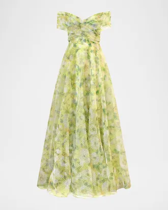 Theia Ryan Pleated Off-Shoulder Organza Gown