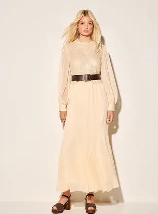 Icone Womens Scalloped lace sheer chiffon long dress