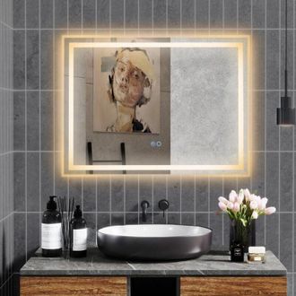 Costway Specchio da Parete 80 x 60cm, Specchio da Bagno Rettangolare con Luce Led a 3 Colori, Interruttore Touch, Funzione Antivapore e Memoria, IP44