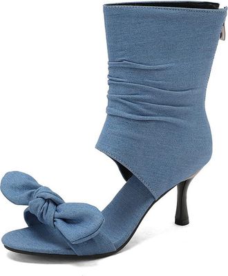 Generic Womens Bowknot Decor Open Toe Summer Sandals Wrap Ankle Zip Up Stiletto Heel Pumps Shoes for Casual and Party (5.5,Lake Blue)