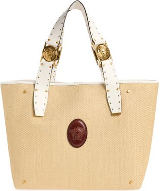 Versace Large Rivi&egrave;re Woven Raffia Tote in Natural White Rosewood Gold at Nordstrom