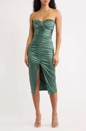 Emerald Sundae Strapless Ruched Midi Dress in Moss at Nordstrom, Size X-Small