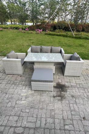 Fimous Rattan Garden Funiture Set Adjustable Rising Lifting Table Sofa Dining Set With 2 Arm Chair in Light Grey