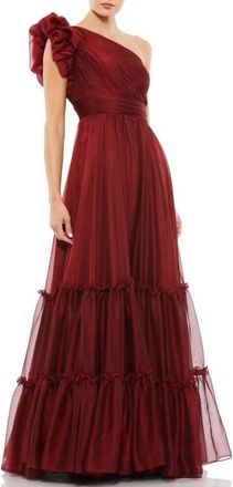 Mac Duggal One Shoulder Tiered Organza Gown In Wine