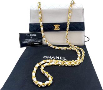 Chanel Pre-owned Womens Trapeze White/Navy Lambskin Gold - Blue Leather - One Size