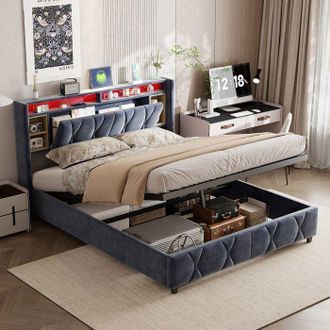 OEM Estructura De Cama Con Arc&oacute;n 140x200 Cm De Terciopelo Gris - Led 7 Colores, Tomas Usb Y Type-c, Somier De Lamas