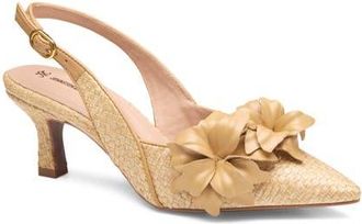 Johnston & Murphy Lindsey Flower Slingback Pointed Toe Kitten Heel Pump in Natural Raffia/kid Suede at Nordstrom, Size 7.5