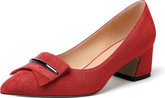 EDEFS Women Pointed Toe Block Heel Pumps Slip on Low Heels Pointed Toe Court Shoes Classic Buckle Design 2 Block Heeled Shoes Suede Red UK2