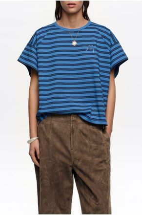 Bimba & Lola Striped Cropped T-shirt With Embroidered Logo in Blue at Nordstrom, Size X-Small Eu