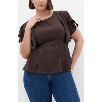 City Chic Flutter Sleeve Peplum Top in Chocolate at Nordstrom, Size 10W